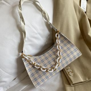 Túi Xách Đeo Vai Vải Bạt Sọc Ca Rô Phối Dây Xích Thời Trang Mới 2020 Cho Nữ