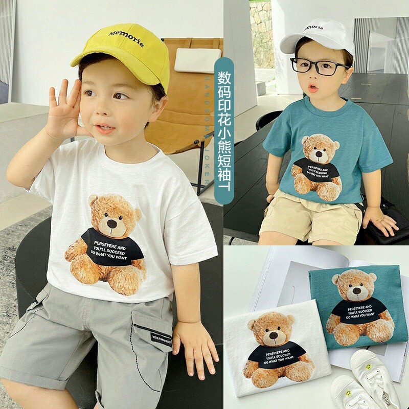 Áo phông gấu cộc tay hai màu xanh trắng cho bé A011 Bách Nhật Shop