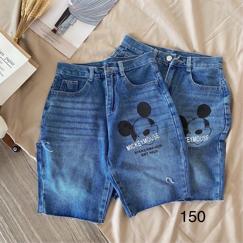 QUẦN SHORT LỬNG JEAN – BÒ NGÓ ĐÙI KIỂU NỮ LƯNG CAO XANH TRƠN BASIC CON CHUỘT MICKEY 36
