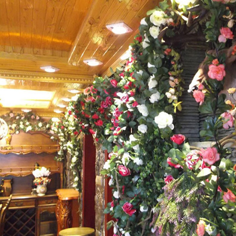Artificial flower rattan Dây hoa hồng bằng vải lụa &amp; lá thường xuân giả 2.3M treo tường trang trí tiệc cưới