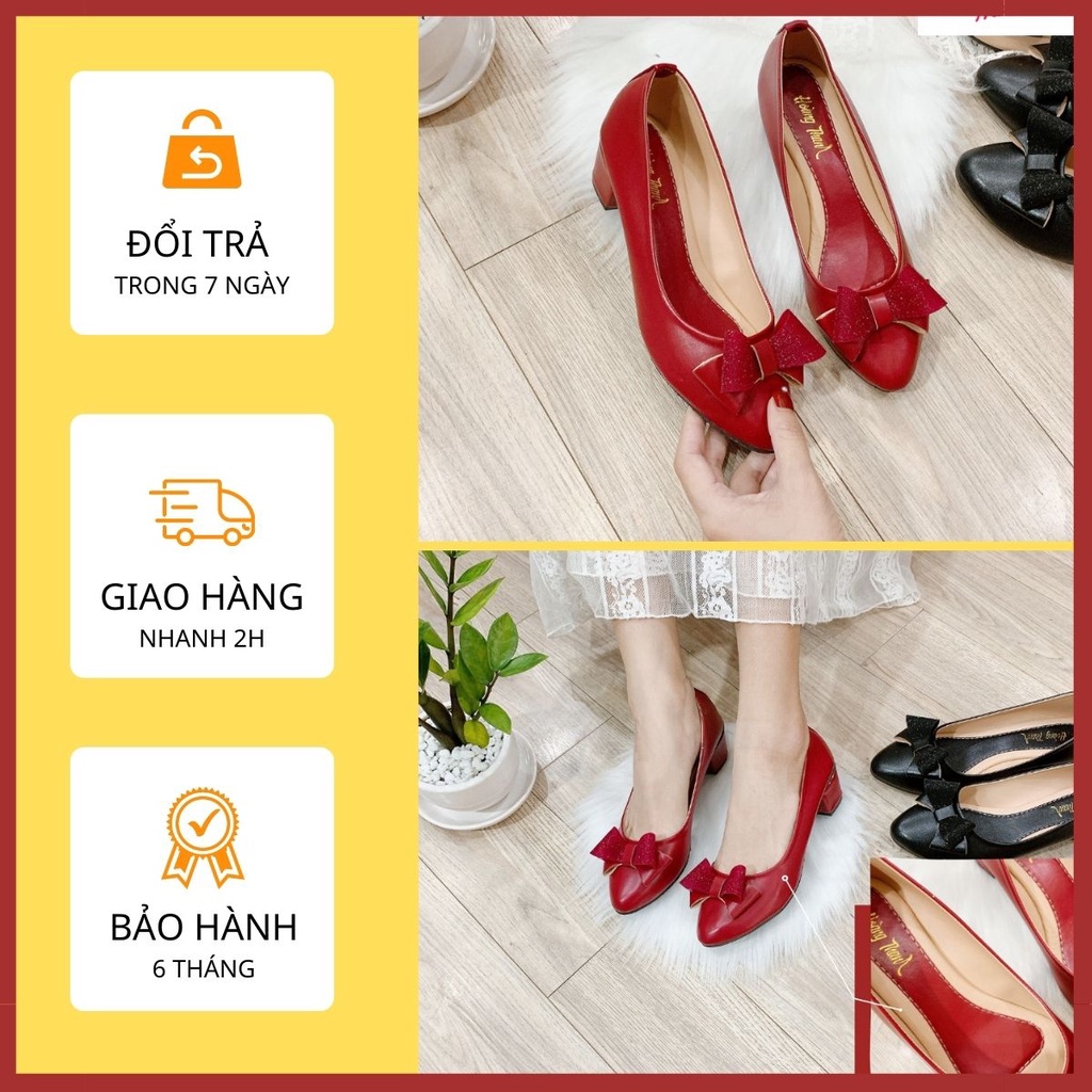 [Có bigsize 40-41] Giày Nữ, Giày Cao Gót Mũi Nhọn Gót Vuông 3cm Da Mềm Đi Nước Đi Mưa Được. Giày Hoàng Thanh G3 đỏ