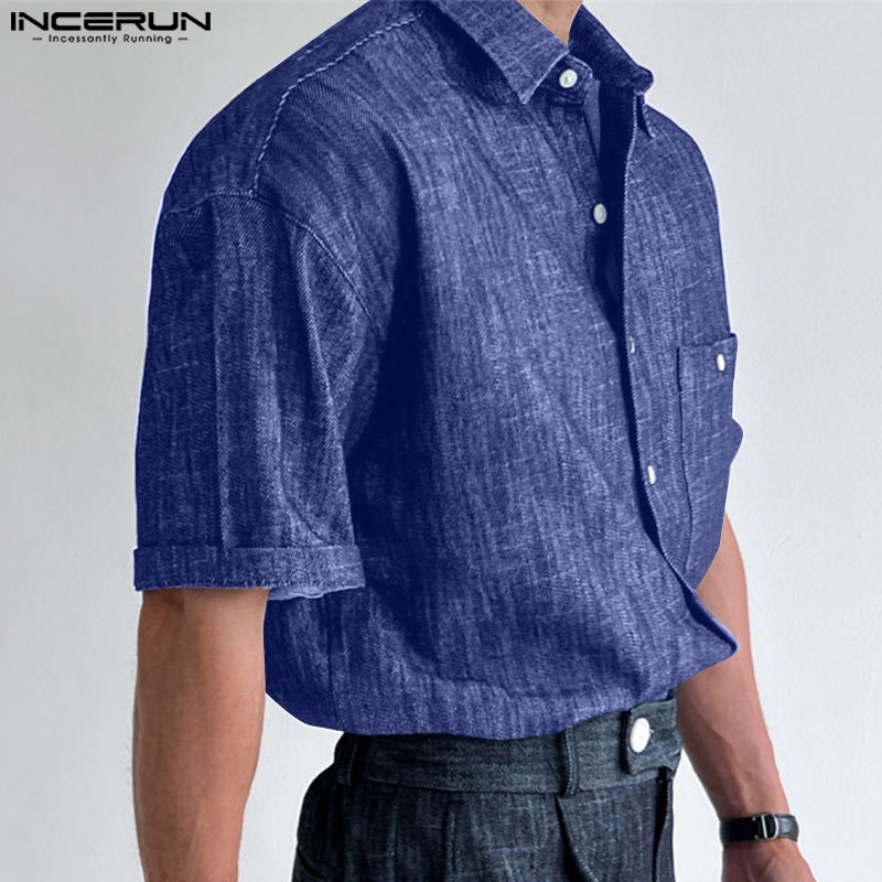 Áo sơ mi INCERUN denim tay ngắn phối nút cài trẻ trung thời trang dành cho nam