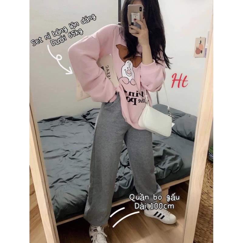 Bộ nỉ ngoại gấu Win hồng H2B