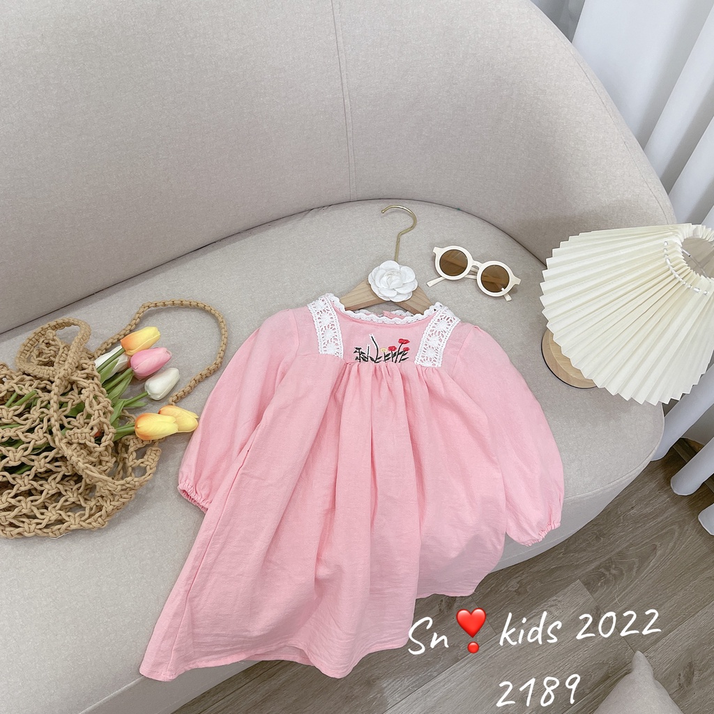 Đầm babydoll cho bé gái, váy babydoll vải đũi cara cổ thêu hoa xịn xò cho bé