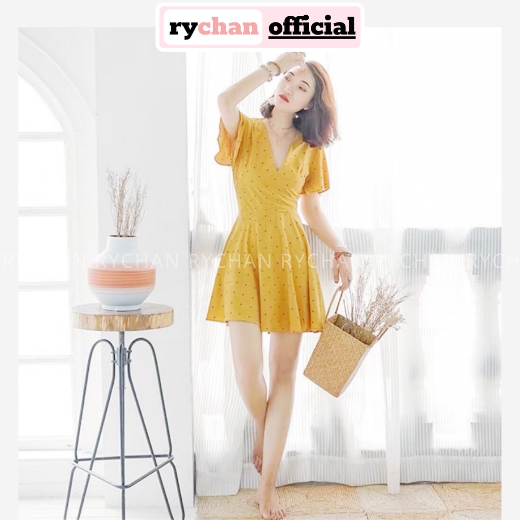 DX784 - Đầm Xòe Bi Vàng Cổ V Tay Loe