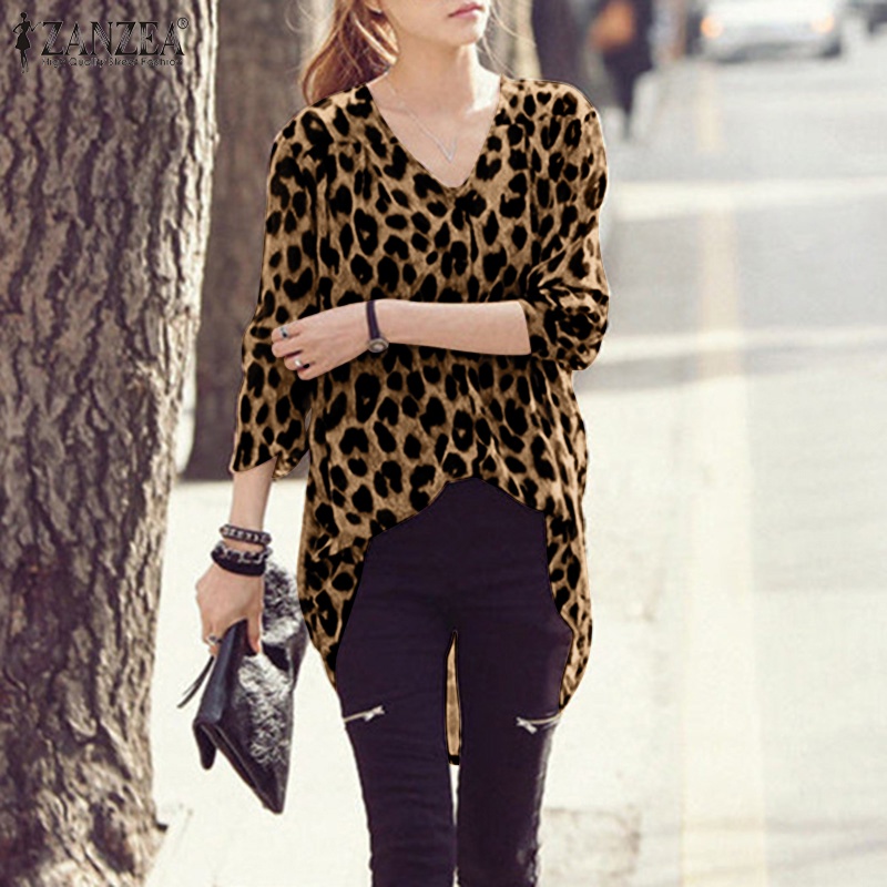 Áo sơ mi nữ Zanzea cổ chữ V tay dài họa tiết da báo thời trang