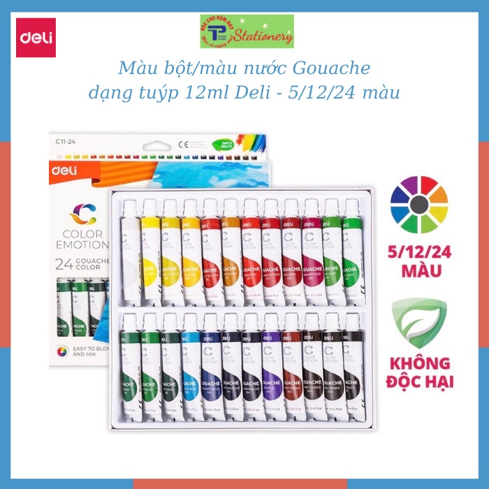 Màu nước Gouache cao cấp dạng tuýp 12ml Deli -5 màu, 12 màu, 24 màu- C11-5,C11-12, C11-24