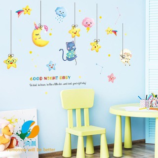 Nhãn dán tường hình trăng sao đáng yêu trang trí phòng ngủ cho bé