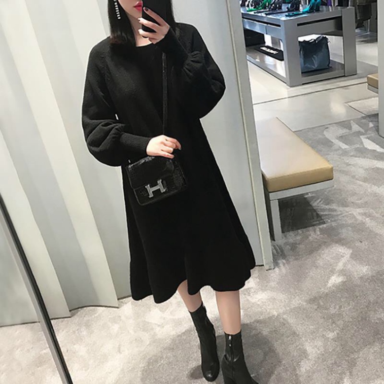 Váy len mùa thu dáng xoè cổ tròn tay dài LUHAZO tiểu thư vintage retro công chúa G-12