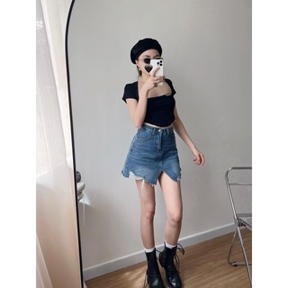 Chân váy jeans xẻ giữa xanh đậm