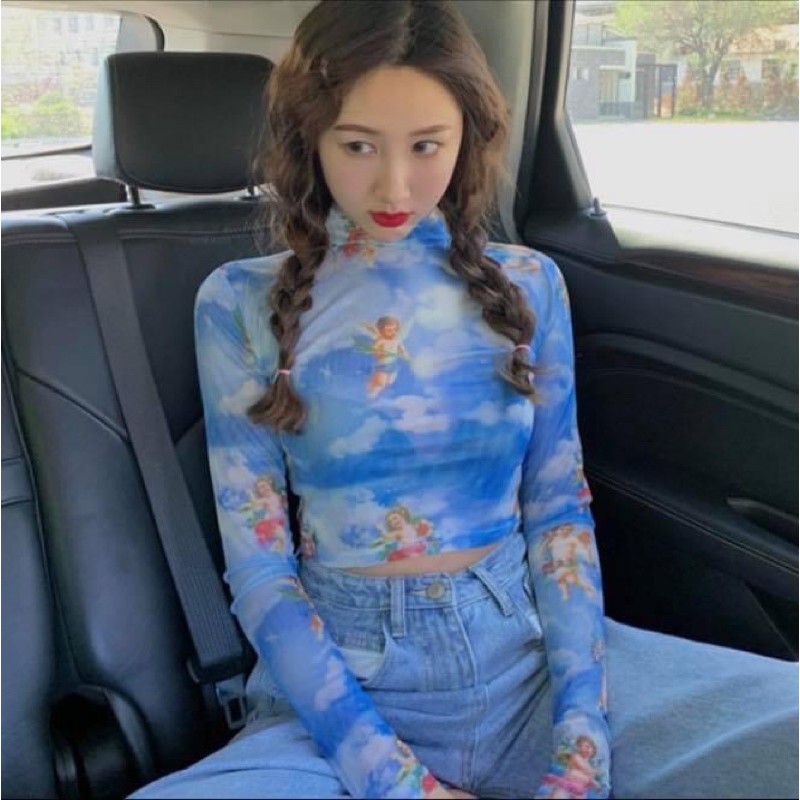 Áo lưới croptop kiểu nữ voan tay dài ôm body in hình thiên thần angel - Order taobao quảng châu