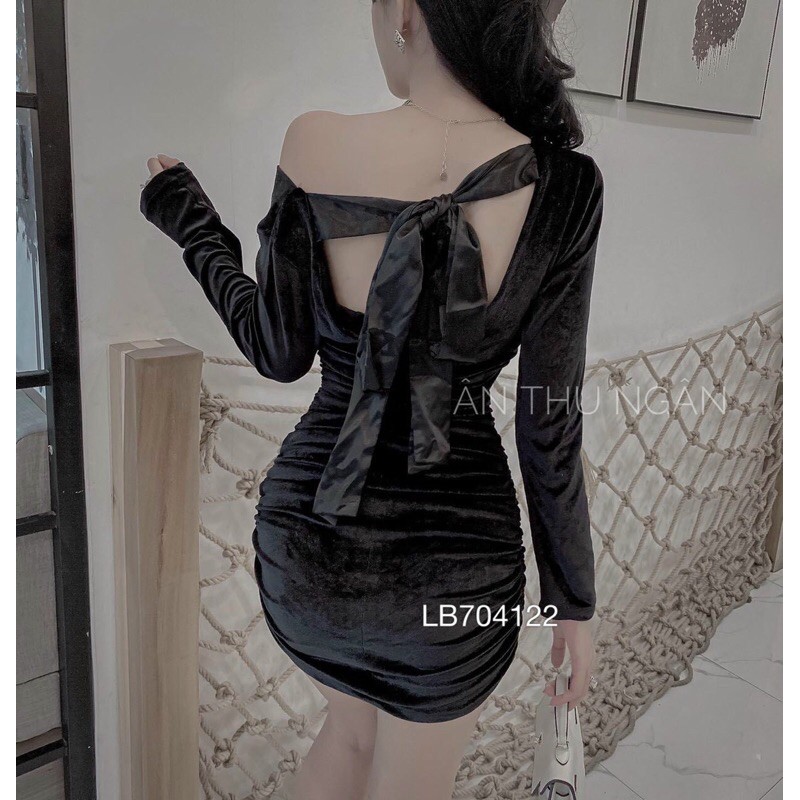 Đầm body nhung nhúng cột nơ lưng tay dài