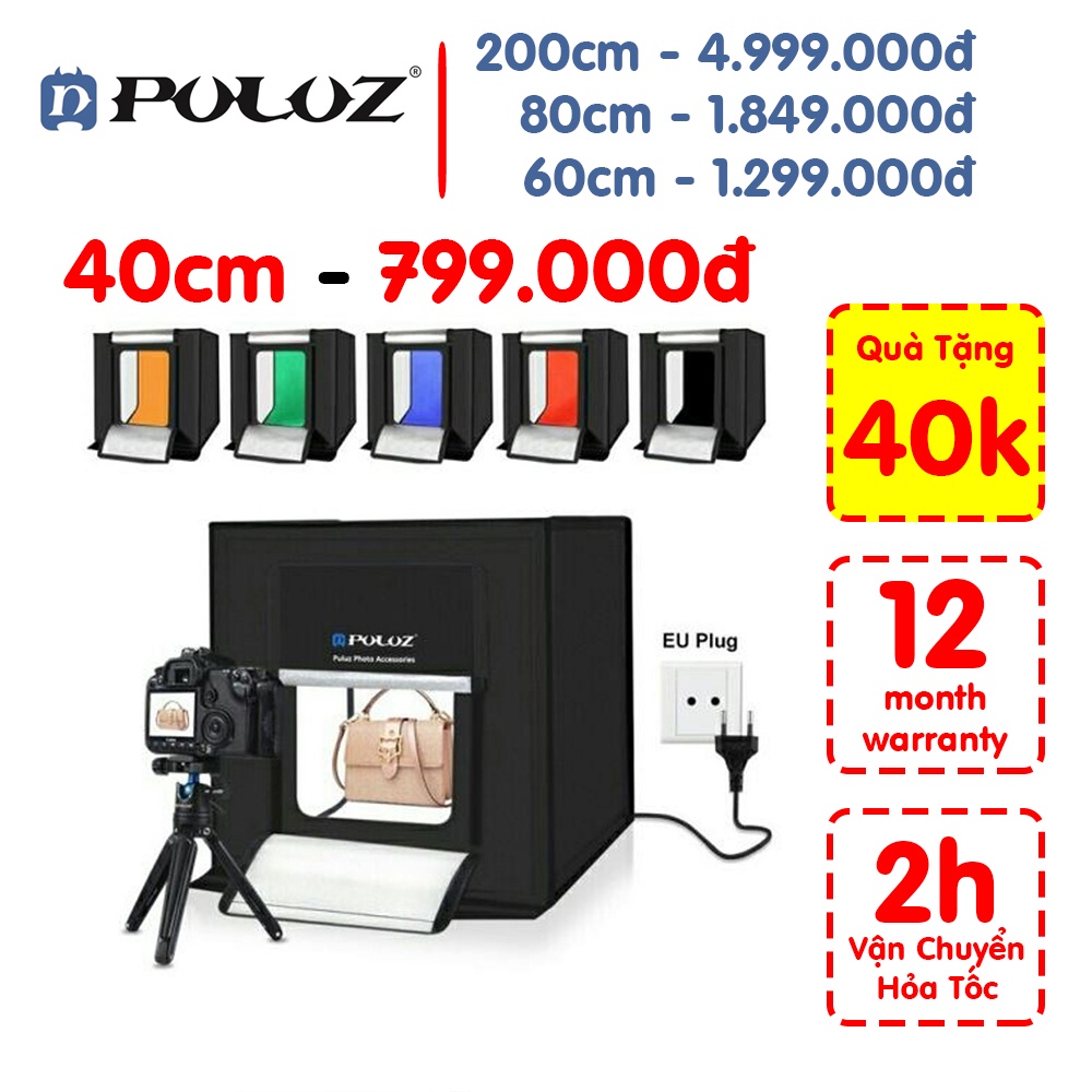 Hộp chụp ảnh sản phẩm Puluz 40cm Có 2 thanh đèn led 64 bóng siêu sáng Tiết kiệm không gian Livestream Hồng Phát