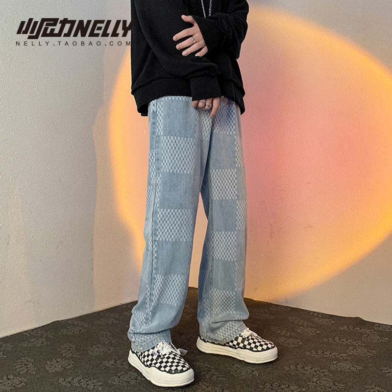 Quần jean ống rộng họa tiết sọc ca rô phong cách Hàn Quốc cá tính thời trang