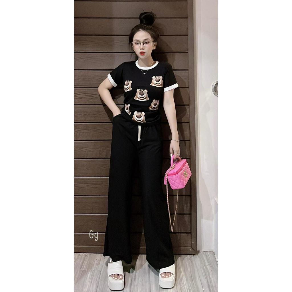 sét bộ gân xuông dài phối áo in gấu chạy viền hot