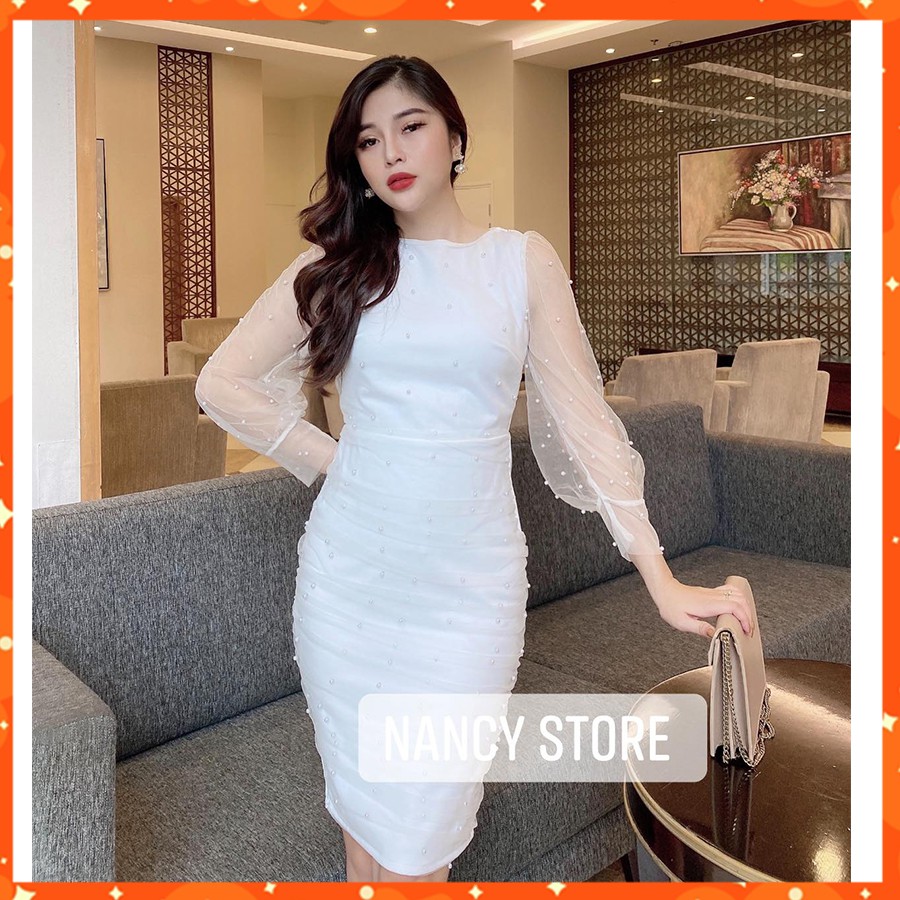 Váy body đính ngọc cổ tròn tay voan cao cấp Nancy A14