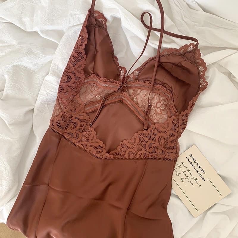 Váy ngủ sexy Quảng Châu _Váy Ngủ Lụa Pha Ren có mút ngực siêu tôn dáng SP014