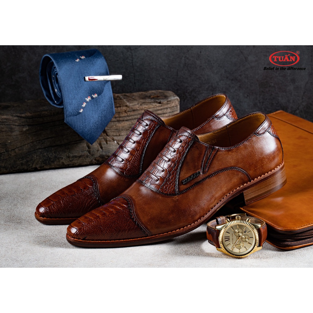 Giày nam cao cấp da ĐÀ ĐIỂU đế DA khâu thủ công Handmade thương hiệu Tuấn GXHU-173