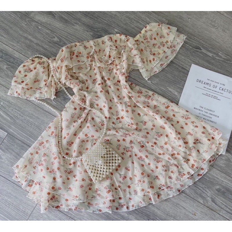 (Về sẵn màu kem)Đầm hoa trễ vai tay bèo mút ngực | BigBuy360 - bigbuy360.vn