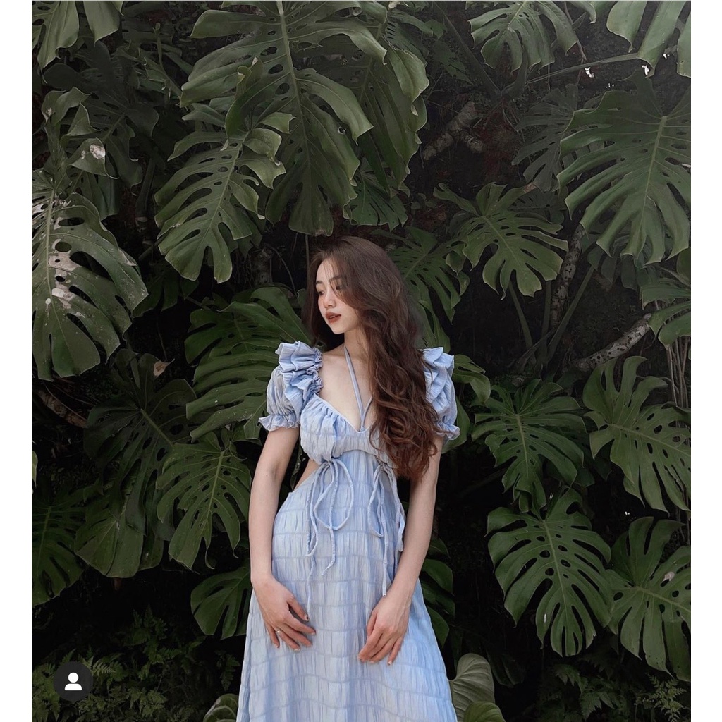 Đầm maxi xanh cutout lưng viềm bèo đi biển hở lưng dáng dài xinh đẹp MT005