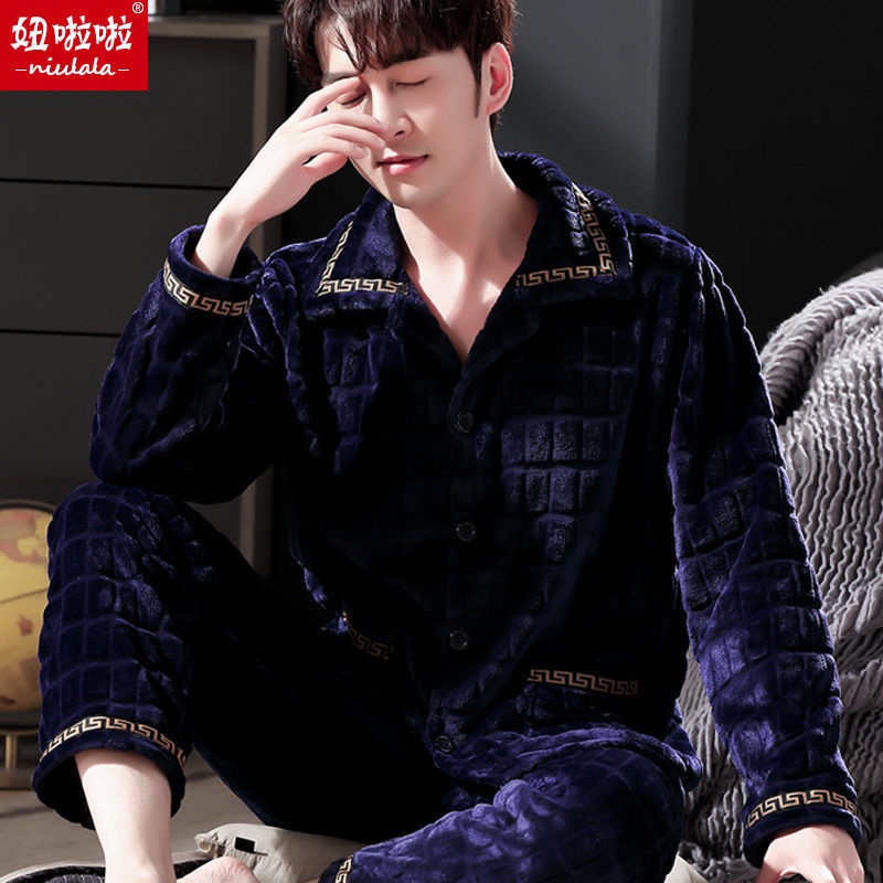 Bộ đồ ngủ tay dài chất nỉ lông cừu san hô dày dặn thời trang thu đông cho nam