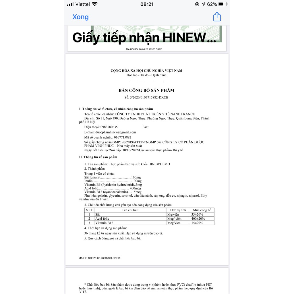 HINEWHEMO - bổ sung sắt và Acid Folic hộp 30 viên