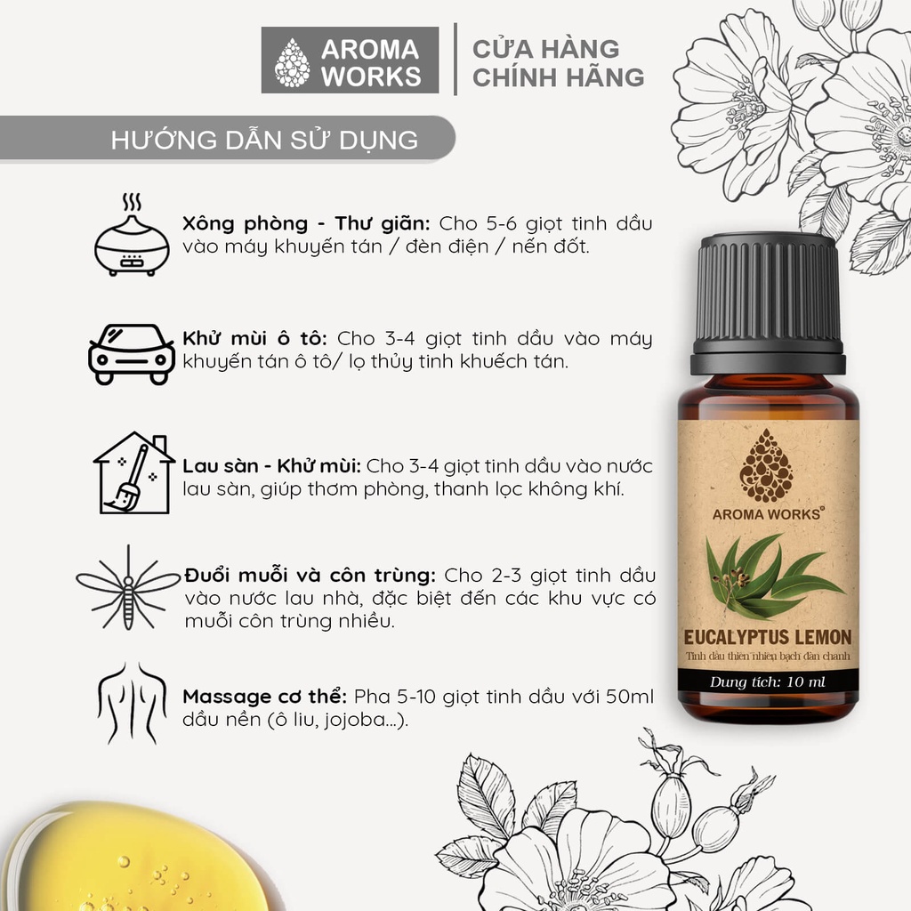 Tinh dầu bạch đàn chanh Aroma Works xông phòng, giúp dễ ngủ, thư giãn, đuổi muỗi, giải cảm, khử mùi 10ml -100ml