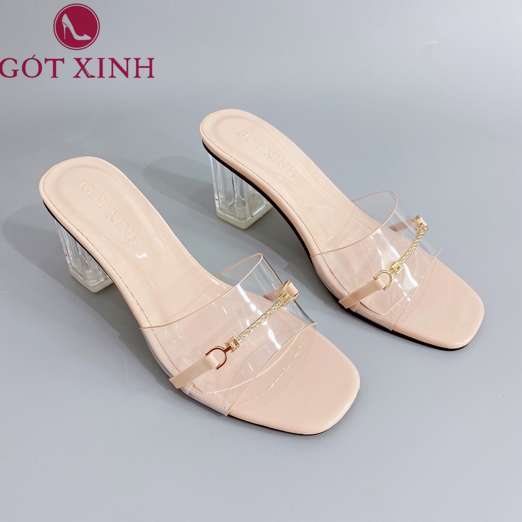 Dép cao gót nữ GÓT XINH D3 mũi vuông quai ngang chất mika đính đá đế cao 5cm