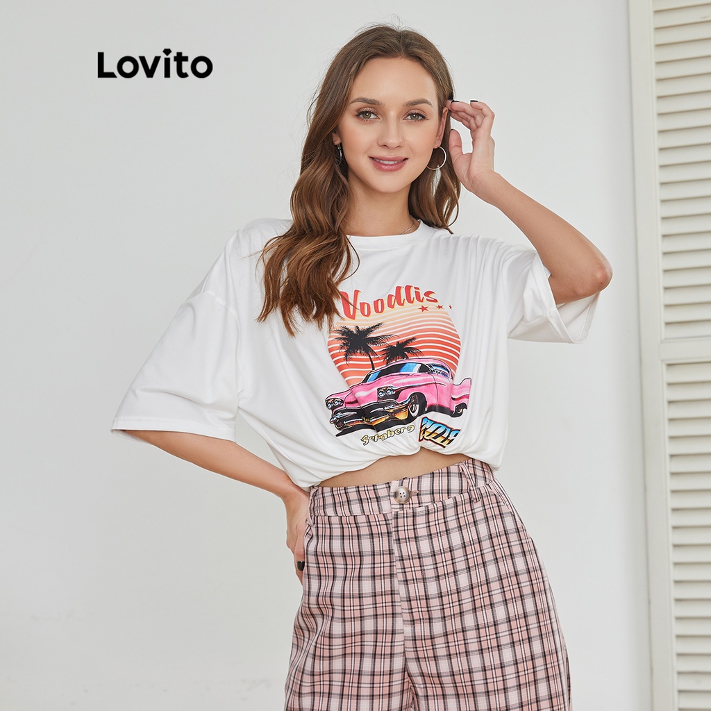 Lovito In khổ thông thường Áo thun cổ tròn In khổ lớn Phong cảnh L24AD030 (Trắng)