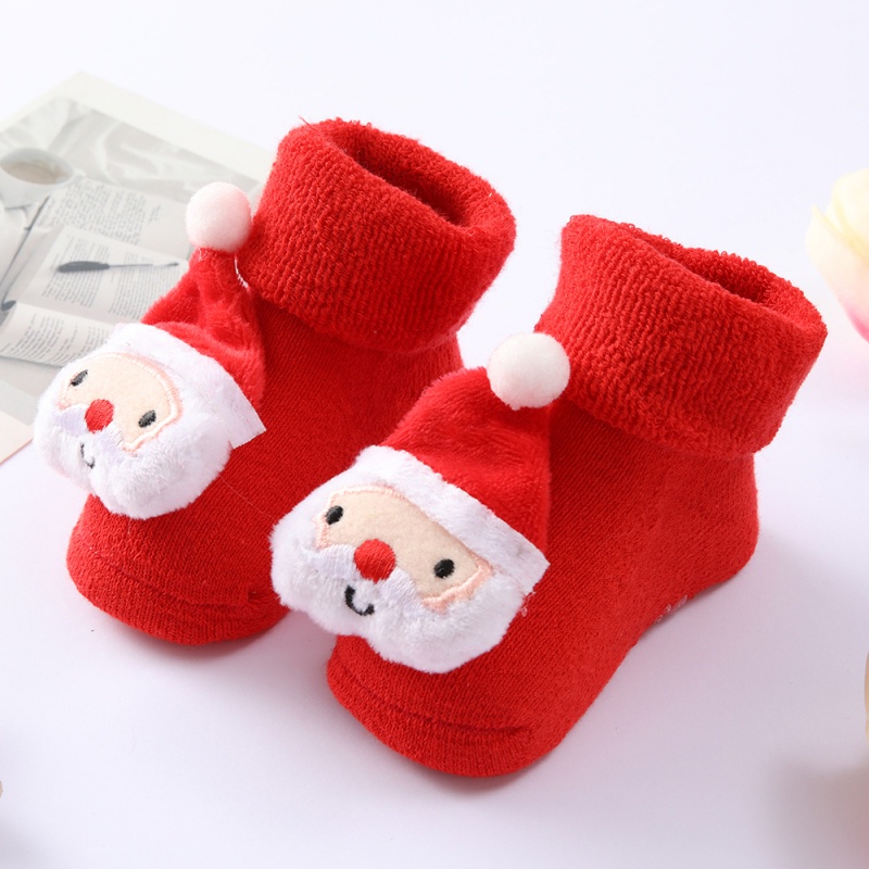 Đôi vớ bằng cotton chống trượt in họa tiết hoạt hình giáng sinh đáng yêu cho bé từ 0-1 tuổi