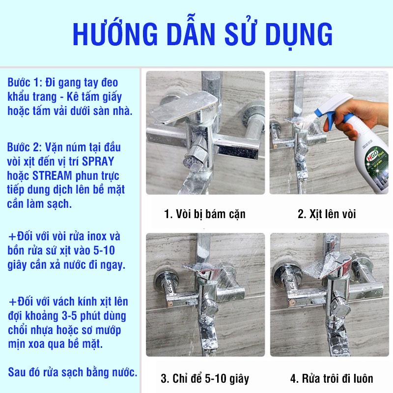 Tẩy cặn canxi nhà tắm HGO PLUS làm sạch vách kính, vòi sen inox 304, bồn sứ, gạch men, lavabo tiện lợi hiệu quả 500ml