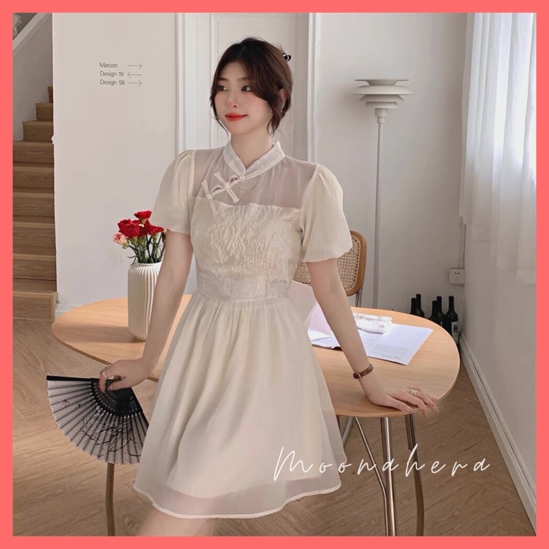 Váy trắng phối ren cổ sườn xám cách tân. Đầm tiểu thư voan xoè