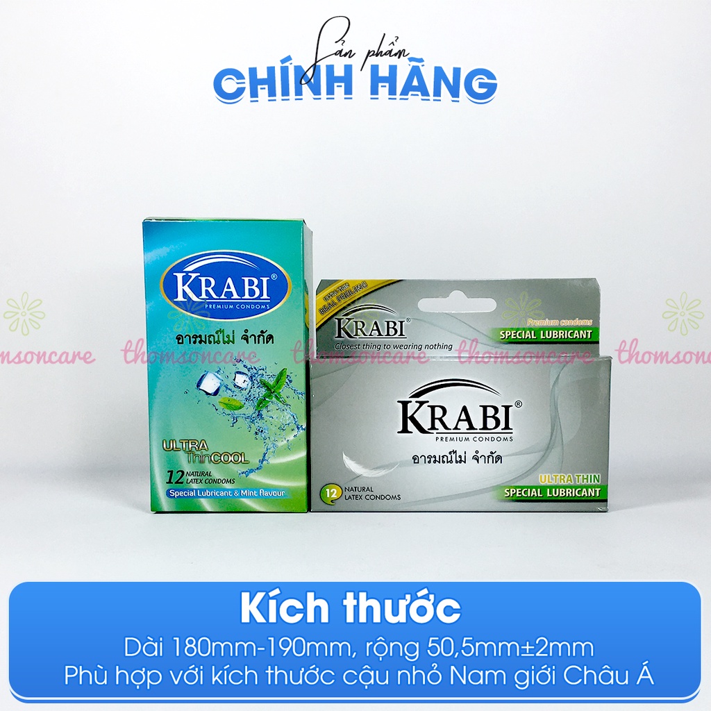 Bao cao su Krabi - bcs gân gai siêu mỏng, kéo dài thời gian bôi trơn, 49mm đôn dên - Hộp 12 chiếc condom từ Thái Lan