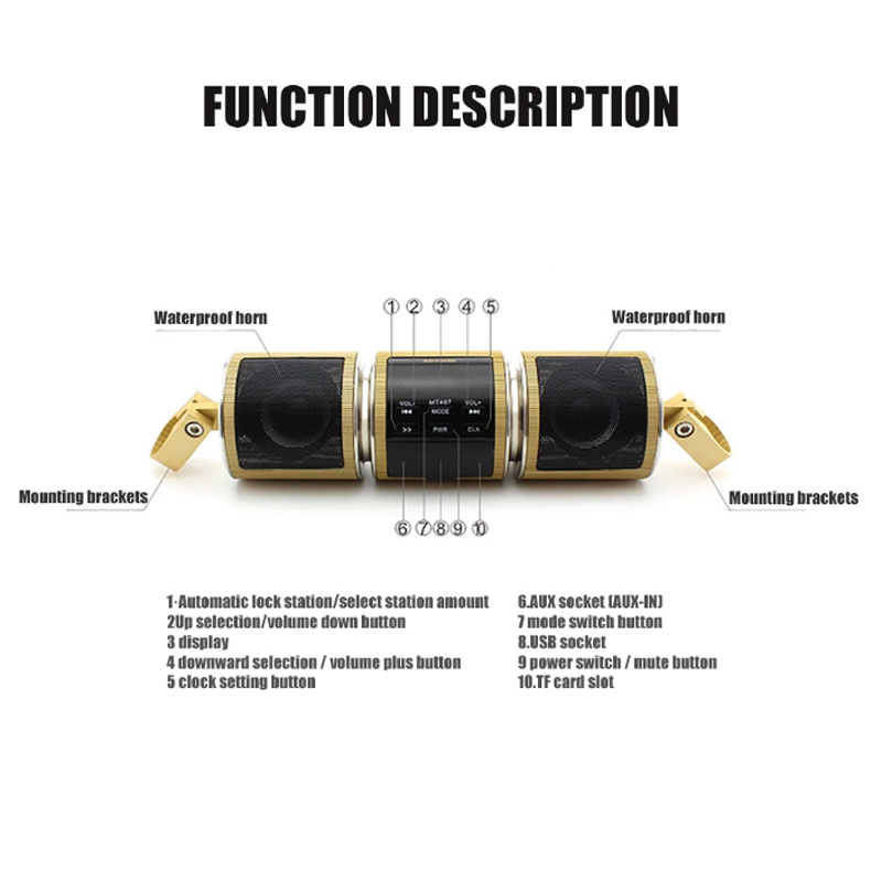 Xe máy Máy nghe nhạc Bluetooth Xe máy Loa âm thanh nổi MP3 FM Đài FM Màn hình LED có thể điều chỉnh MT487 Chống thấm nước Chất lượng cao FES5 Chất lượng FES10