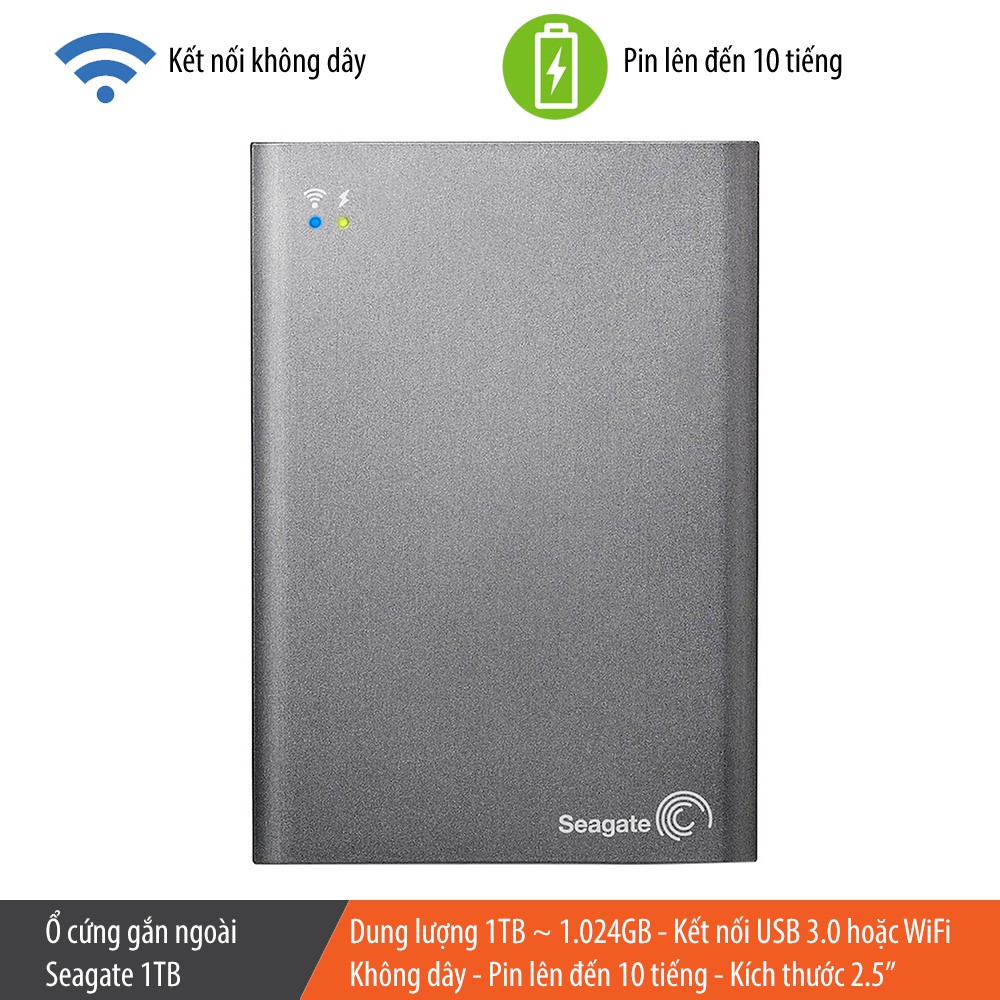 Ổ cứng gắn ngoài Seagate Wireless Plus 1TB / 2TB, kết nối USB 3.0, kết nối WiFi, pin 10 giờ, kích thước 2.5"