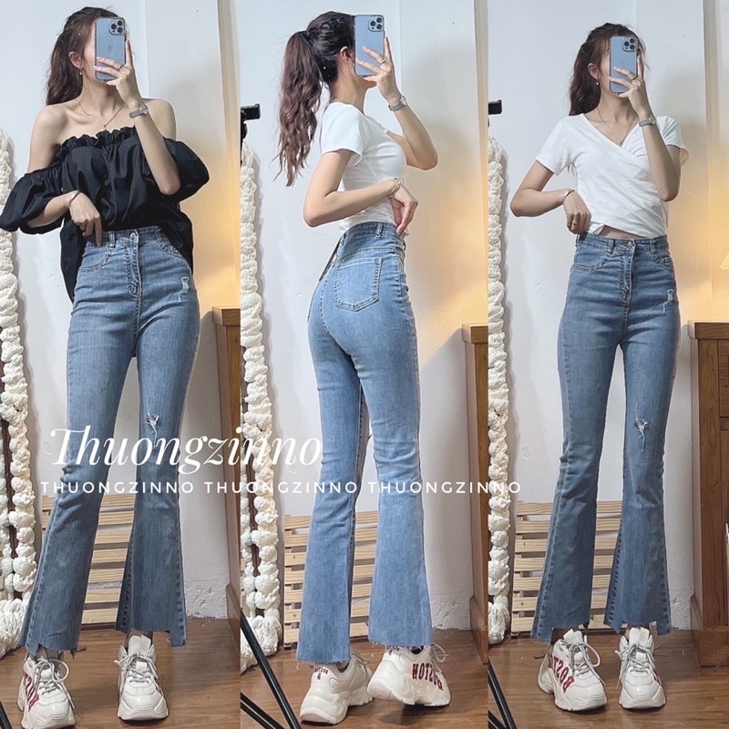 [Ảnh thật/Video]Quần Jean ống loe cào nhẹ hai màu xanh nhạt và xanh đậm