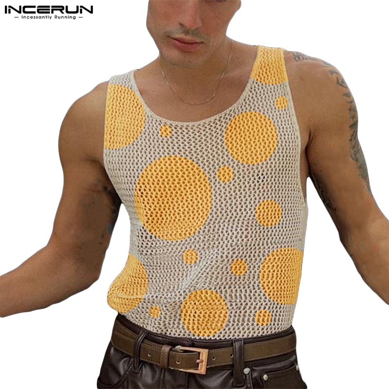 INCERUN Áo Tank Top Trong Suốt Không Tay In Họa Tiết Hoa Thời Trang Cho Nam Giới
