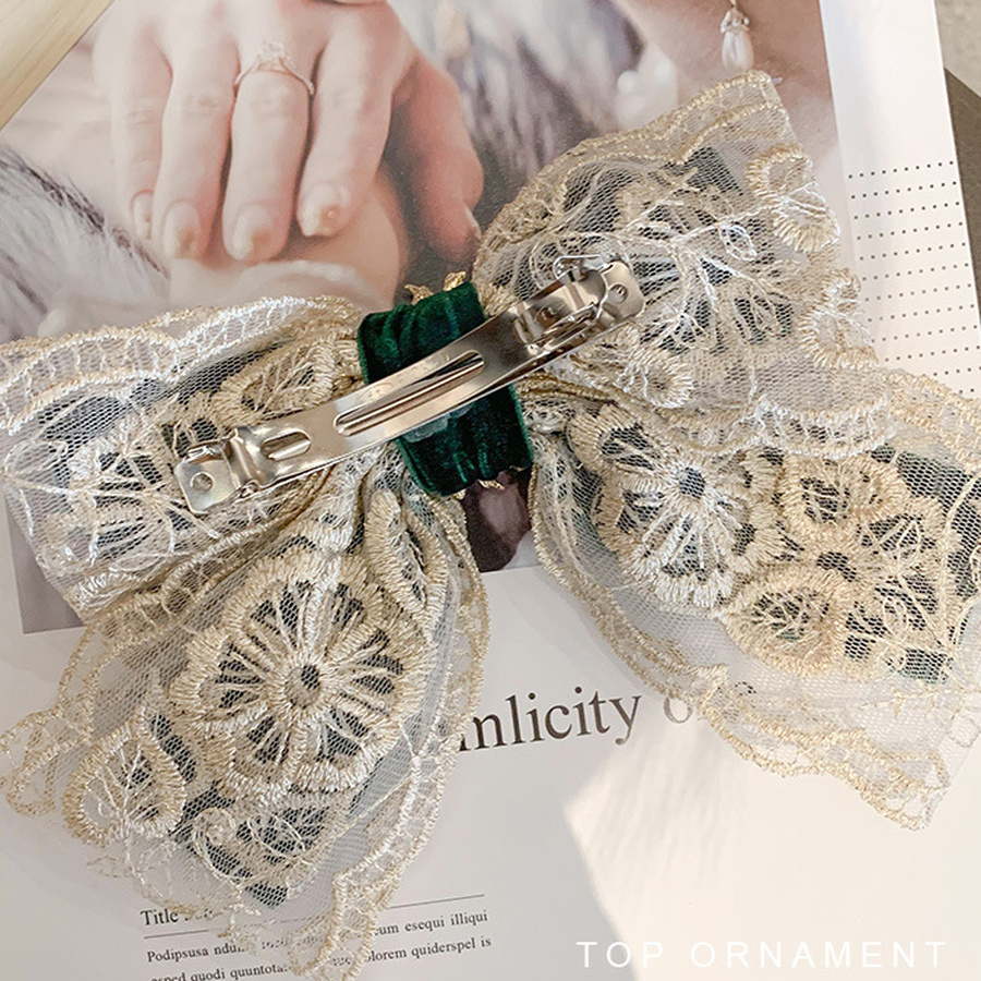 Kẹp nơ vải nhung phối ren đính ngọc trai phong cách thanh lịch thời trang Hàn Quốc