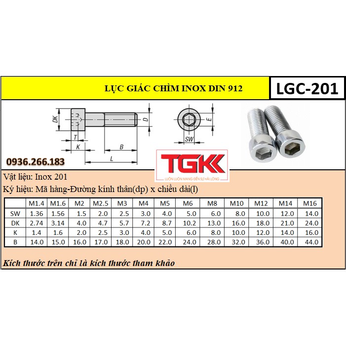 Bulong LGC đầu trụ inox 201 M8