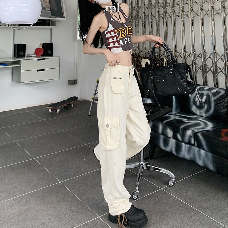 Quần jean Peppermint 52741 lưng cao ống suông phối nhiều túi phong cách thời trang retro Mỹ