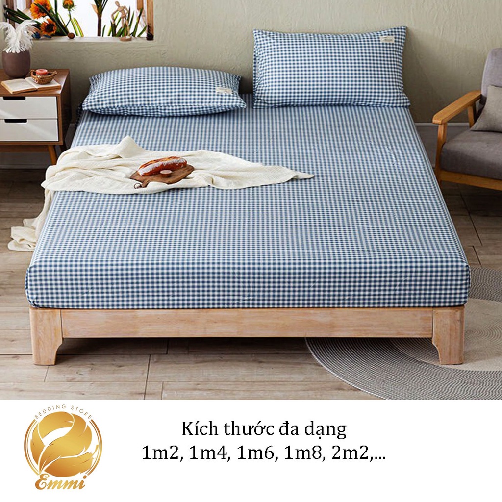 Bộ Ga giường, ga gối TC kẻ xanh dùng cho homestay, nhà nghỉ và decor phòng ngủ EmmiBedding gồm 1 ga và 2 áo gối nằm