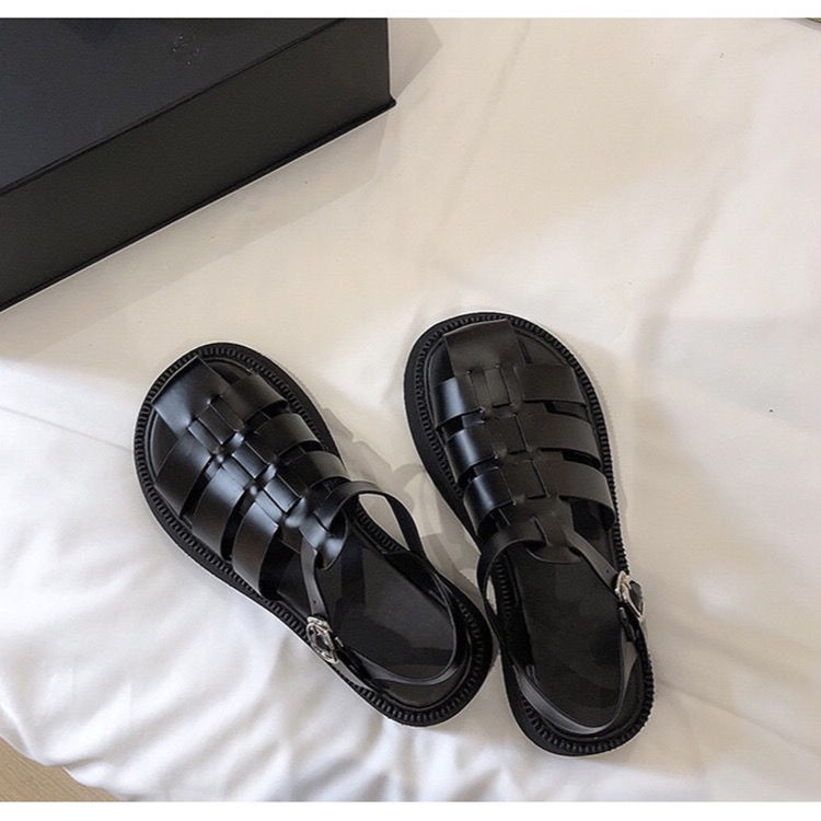 sandal quai mảnhgiày gót♟Dép la mã nữ bện mùa hè Baotou 2021 mới bánh xốp đế dày với giày mũi to một khóa từ t
