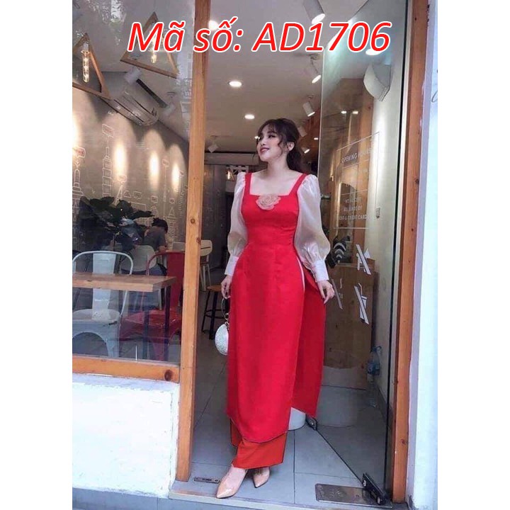 ⚡️ có big size 5XL ⚡️ AD1706 Set áo dài cách tân cổ vuông tay phòng đính hoa kèm quần ống rộng
