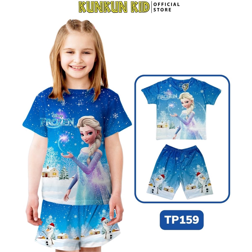 Đồ bộ bé gái in 3d cộc tay hình elsa xanh size đại 10-60kg Kunkun Kid TP159 thun lạnh co giãn 4 chiều