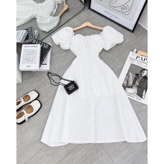 ĐẦM MIDI CỔ VUÔNG XẾP NGỰC NÚT BỌC TAY PHỒNG | BigBuy360 - bigbuy360.vn