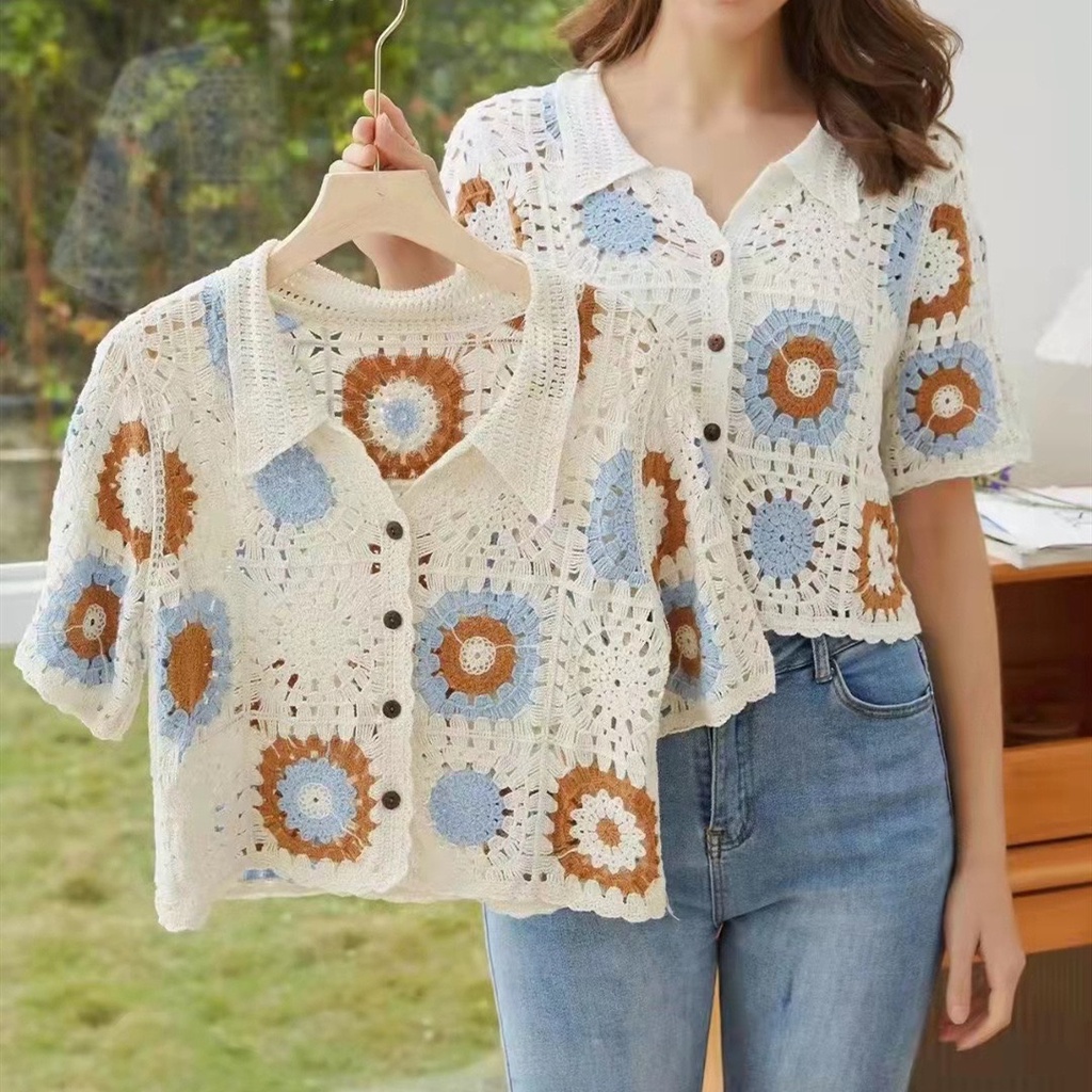 Áo PoLo Croptop, Áo Len Móc Họa Tiết Thổ Cẩm Hàng Quảng Châu Loại 1