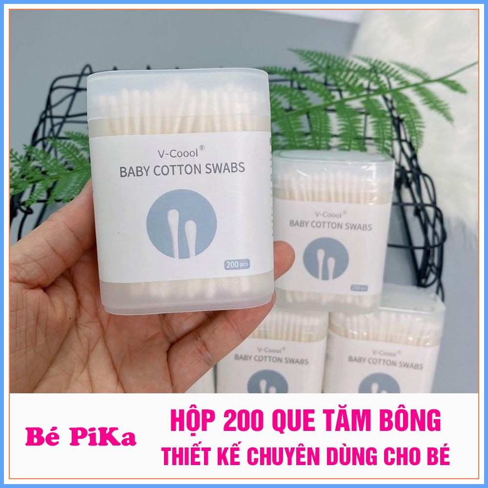 Hộp 200 que bông tăm Vcool cao cấp dùng vệ sinh bôi thuốc cho bé