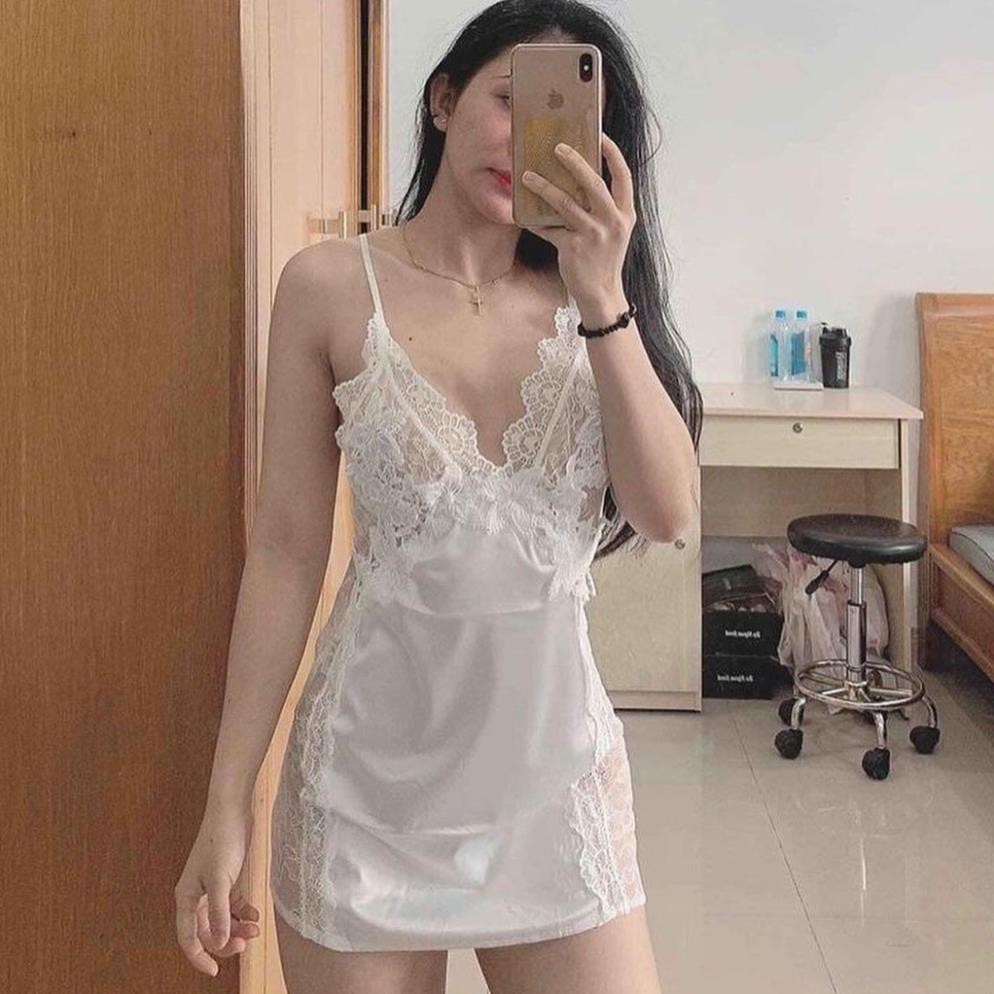 Váy ngủ lụa sexy hai dây phối ren hông gợi cảm (3 màu) | BigBuy360 - bigbuy360.vn