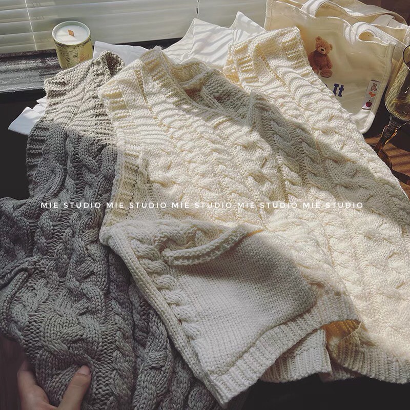 𝗺𝗶𝗲 𝘀𝘁𝘂𝗱𝗶𝗼 - Áo gile len vặn thừng to có túi vintage GL080
