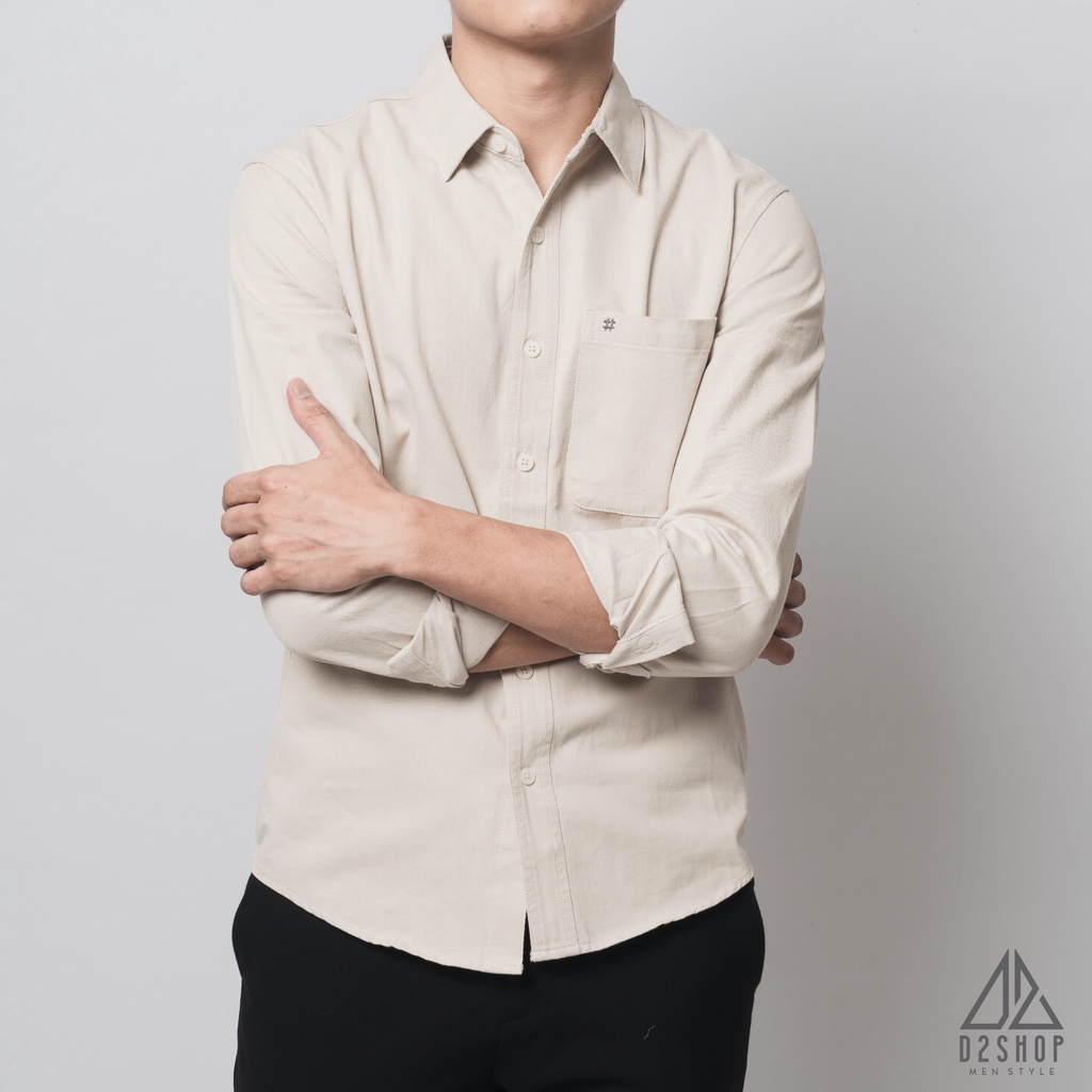 Áo sơ mi nam D2shop, áo sơ mi nam dài tay, vải xéo dày, đắp túi #, màu ivory